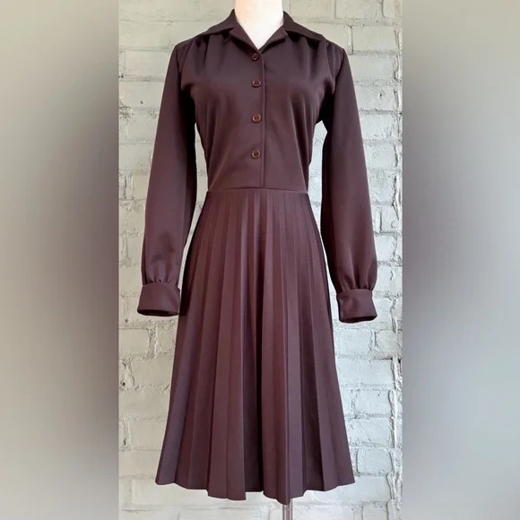 Vintage 70s Dark Brown Long Sleeve Shirt Dress - Picture 2 of 8